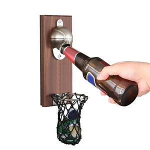 Kreativ magnetisk flasköppnare väggmonterad kylskåp ölöppnare inbäddade massivt trä magnet cap catcher för vin öl zink legering inventering grossist