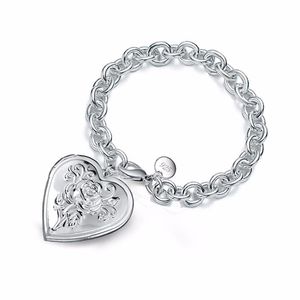 Bangła Chunky Chain Sterling Silver Po Bracelet Bracelet Vintage Flower Heart Drop Bracelets Pulsera Gift Walentynki Daybangle