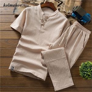 (Camicia + pantaloni) Arrivo Estate Stile Uomo Camicie in cotone e lino Moda di alta qualità Pantaloni corti da uomo casual solido 220401