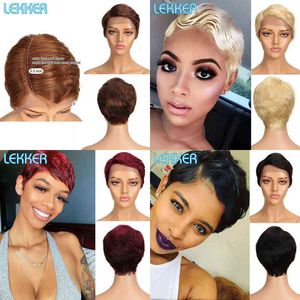 Lekker Colored Short Pixie Straight Lace Front Human Hair Wig for Women Glueless Bob Ombre Burgundy Brazilian 613 Wigs 220622