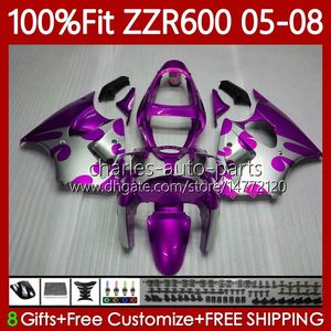 Injection Mold Bodywork For KAWASAKI NINJA ZZR600 600CC Silver Purple 2005 2006 2007 2008 Body 134No.129 100% Fit ZZR-600 600 CC 2005-08 ZZR 600 05 06 07 08 OEM Fairing Kit