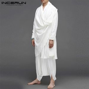 Zestawy vintage Inderun długie rękawy stały kolor nieregularny płaszcz bluzki Elastyczne spodnie 2 sztuki męskie bawełniane garnitury uliczne 5xl 7 220722