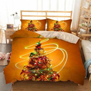 寝具セットオレンジ色の背景とライトサークルホームテキスタイル印刷ベッドキルトベッドスプレッド付きクリスマスツリースリーピースセット