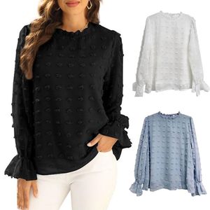 Women's Blouses & Shirts Women Puff Long Sleeve Chiffon T Ruffled Mock Neck Swiss Dot Jacquard Blouse Solid Color Casual Loose Keyhole Back