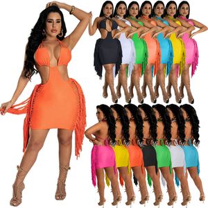 Sunda vestito con mini abito spento 2022 Summer Women Fringe Sexy Solid Halter Dress Womens Abbigliamento da donna