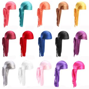 Seidige Satin-Turban-Kappe, Unisex, langer Schwanz, Bandana, modisch, einfarbig, Piratenhüte, Damen und Herren, Kopftuch, Indien-Hut, Haarschmuck