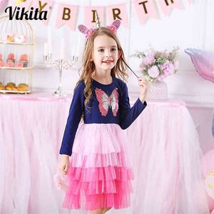 Vikita Kids Dress for Girls Princess Dress Dress Butterfly Lantejous Crianças de Natal Autumn e Winter Dress for Girls Roupos 210329