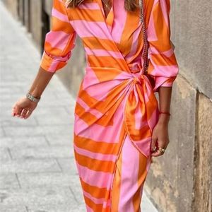 Spring Summer Fashion Print Dress Blouse Neck Tie Mid Length Striped Skirt Casual Comfortable Street Womens Wear Dresses Robe 220629