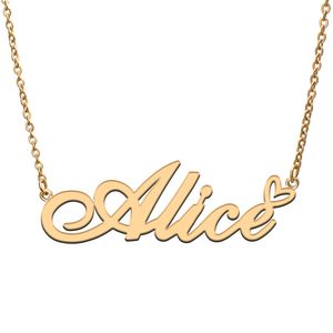 Alice Name Necklaces for Women Love Heart Gold Nameplate Pendant Girl Stainless Steel Nameplated Girlfriend Birthday Christmas Statement Jewelry Gift