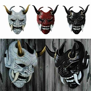 Maski imprezowe Halloween twarz Hannya Demon Oni samuraj Noh Kabuki czerwony Prajna krowa diabeł lateks dorosły Unisex z rogami linowymi 220826