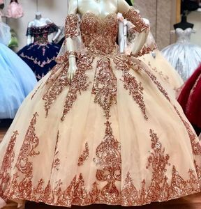 2022 Sparkly Sequined Quinceanera Ball Gown Dresses Sweetheart Lace Applicques Crystal Tulle Sweet Corset Back Party Prom Evening Gowns B0621G01