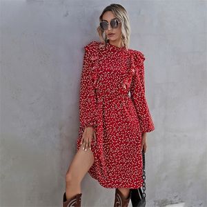 Mode Ruffles Heart Dot Print Dres Elegant Full Sleeve Hög midja Ladies Vår Höst Lång röd 220330