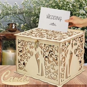 Wooden Gifts Card Boxes With Lock Mr&Mrs Couple Flower Pattern Envelope Sign Cards Wood Box DIY Rustic Wedding Supplies 220812