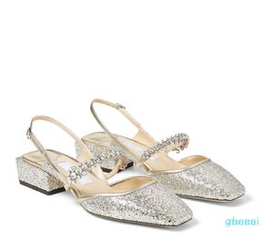 مصمم الصيف الصنادل Slingback أحذية اصبع القدم مربع مضخات مع حزام الزينة كريستال الكعوب المنخفضة الراحة المشي 2022