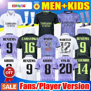 ベンゼマサッカージャージー22 フットボールシャツファイナルチャンピオン14 Vini Jr Camavinga Alaba Valverde Modric Tchouameni Real Madrid Camiseta Men Kids ユニフォーム