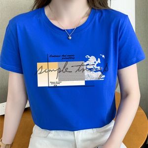 tuangbiang 여름 편지 인쇄 창조적 면화 바닥 티셔츠 여성 O-Neck 캐주얼 Tshirts 한국 스타일 여성 블루 탑 W220422