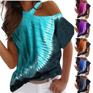 Fashion Tie Dye Gradient Print Polyester T-shirt Sexy Hollow Out Shoulder Short Sleeve O-Neck Pullover Top For Summer Women Tees 220511