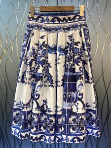 Юбки Red Roosarosee Классический синий белый фарфоровый принт большой качание хлопок Midi 2022 летние женщины уютные юбки дизайнер