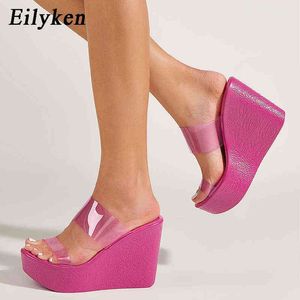 Eilyken New Summer Yellow PVC透明プラットフォームウェッジヒールスリッパ女性ファッションオープントゥービービーチの女性スライド