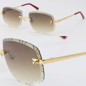 2022 Neue randlose Metall-Sonnenbrille mit Diamantschliff, Cheetah-Serie, Edelstahl-Sonnenbrille, männlicher und weiblicher Rahmen, 18 Karat Gold, UV400, große quadratische Linse, Größe: