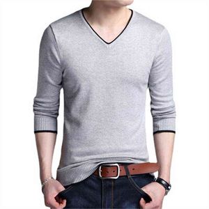 Dropshipping Men Autumn Sweater Casual Longe ärmar Slim V Neck Thin Knit Djup Skjorta L220730