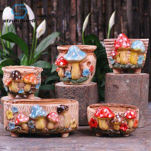 Strongwell Home Decoration Planter Mushroom Stoneware Flower Pott But Room Decoration Glanter Vintage Handicrafts H220423