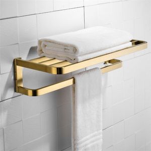 Wall Mount Brushed Gold Double Layers Bathroom Towel Holder Stainless Steel Bathroom Accessories Shower Shelf Towel Rack T200915