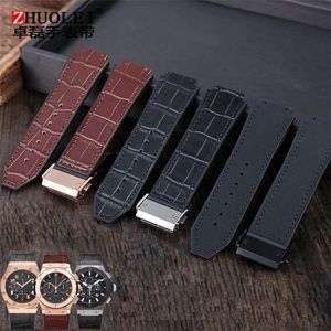 Dla paska Hublot BIG BANG Watchband klamra ze stali nierdzewnej bezpłatne narzędzie mężczyźni prawdziwa skóra bydlęca gumowy pasek do zegarków 26x19mm brązowy czarny 220622