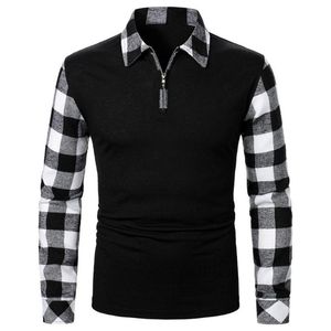 Mäns Casual Shirts Men Pullover skjorta 2022 Snow-down Collar Långärmad Fashion Streetwear Plaid Splicing Stickade T-shirts för Spring Autum