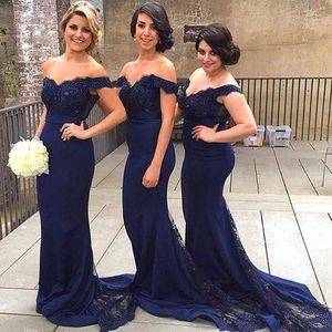 One pcs 2022 Dark Navy Elegant Long Formal Dresses for Women Lace Off Shoulder Mermaid Sweep Train Corset Bridesmaid Dresses