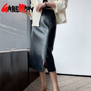 Autumn Winter Women's Leather Skirt with Side Slit A-line Vintage Long Midi High Waist Pu Faux Pencil 220317