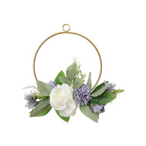 装飾的な花の花輪メタルハンギングフープリースガーランドフロントドアケメリアホワイトとヤナギの葉のヴァインリング