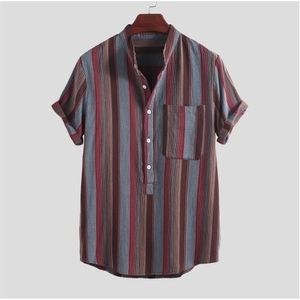 Camicia hawaiana da uomo a manica corta Top Fashion Strip Stampa colletto alla coreana Camicia streetwear in lino da uomo Top Summer New Style