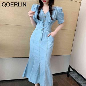 Qoerlin Vintage Jeans 트럼펫 드레스 여자 스트리트웨어 vneck 버튼 다운 인어 드레스 플러스 사이드 포켓 ​​스플릿 데님 멍청이 210412