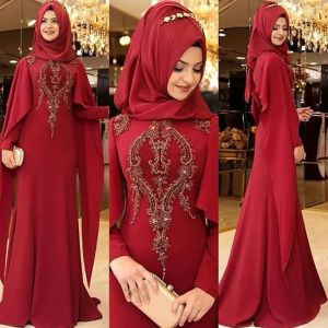 Red Musilm Dark Evening Dresses With Long Sleeves Jewel Neck Lace Applique Beaded Floor Length Prom Gown Formal Wear 2022 Plus Size Custom Made