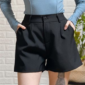 Sungtin escritório senhora high cintura shorts mulheres largo perna calças curtas coreano moda verão shorts preto elegante mulher roupas 220419