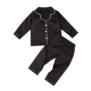 Baby Boy Black Satin Silk Pyjama Set Sleepwear Long Sleeve Top Pants 1-7y Toddler Barn Barn Summer Fall Nightshirt 220706