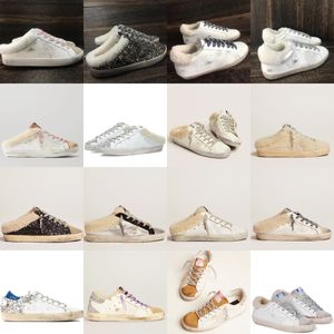 Goldene Damen-Neuheit SuperStar Slip-on-Sneakers, modisches Obermaterial aus Leder, Wildleder, Glitzer-Plüsch-Hausschuhe, lässige Superstar-Klassiker, altmodische schmutzige Schuhe