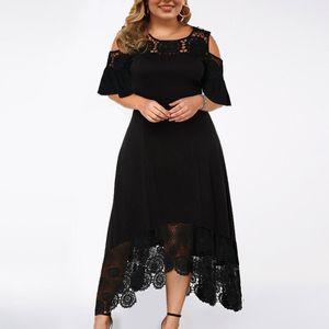 Plus Size Dresses Women Sexy Ruffle Strapless Splicing Lace Short Sleeve Dress Black Elegant Loose Xl-5xl Robes