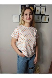 Lycra Bluz Gömlekleri toptan satış-Kadınlar bluz gömlekleri beyaz turuncu polka nokta v yaka lycra kadın bluz tişörtler