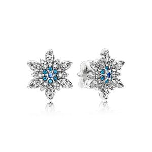 Authentiek Sterling Silver Blue Snowflakes Earring Logo Signature met Crystal For Pandora Jewelry Stud Dames EA279F