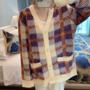 autumn and winter college wind long blue orange plaid coat loose Mohair knitted cardigan sweater