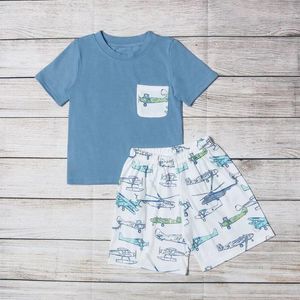 Kläderuppsättningar Factory Baby Boy Airplan Embroidery Boutique Outfits Cartoon Pure Cotton Short Sleeve As Kids Giftkläder