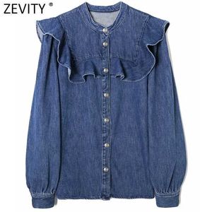 Zevity Women Vintage O Neck Ruffles Denim Blouse Office Ladies Long Sleeve Breasted Business Shirt Chic Femme Blusas Tops LS7384 210603