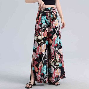 S4XL Large Size Womens Trousers Printed Floral Wide Leg Casual Pants Elastic Waist Laceup Trousers Sexy Slits Pants Plus Size 210412