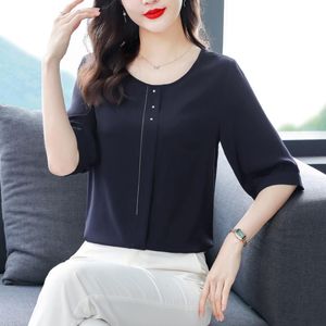 Kvinnors blusar skjortor L-4XL Kvinnor vår/sommarstil Silkskjorta Solid färg Halva ärm O-Neck Korean Casual Loose Blus Topwomen