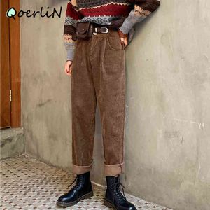 QOERLIN Corduroy Lose Beiläufige Breite Bein Hosen Vintage Knöchellangen Tasche Hosen Weibliche Herbst Winter Hohe Taille Feste Hosen 210412