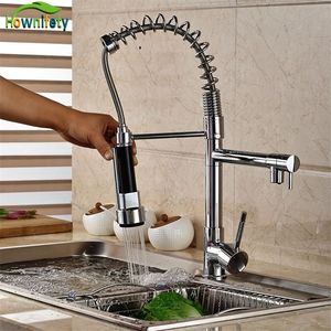 Bästa kvalitet Chrome Polished Pull Down Spray Kitchen Faucet One Hole Mixer Tap Deck Mounted Hot and Cold Crane T200423