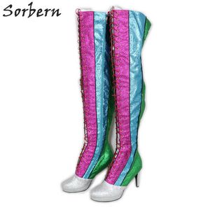 Sorbern الملونة بريق الفخذ أحذية عالية النساء عالية الكعب الخناجر مخصص عريضة العجل صالح رمح طول فوق الركبة السيدات التمهيد