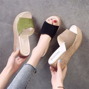 Female Summer Outside Leather Beach Slippers Clogs Platform Water Wedge Heel Cotton Fabric Heels Rubber Brief Toe Slides Y200423